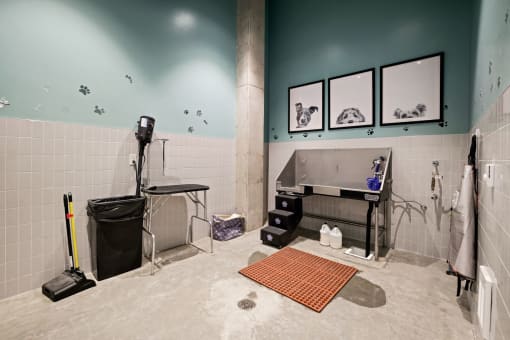 a bathroom with a shower and a sink and a piano