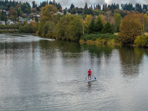 a man paddling a paddle board on a river