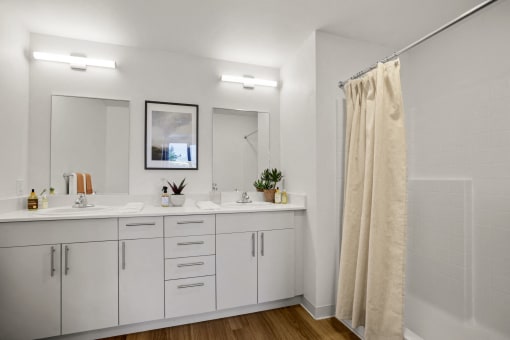 a bathroom with two sinks and a shower and a mirror