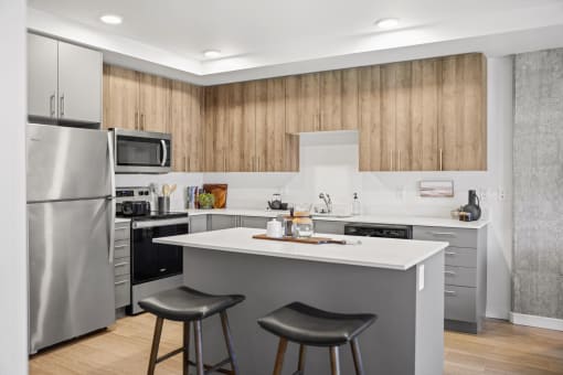 a kitchen with a island and two stools