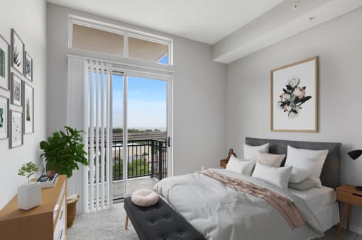 bedroom with large balcony window