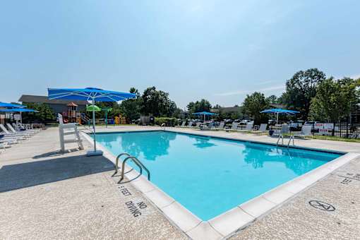 A large swimming pool with a no diving sign on the side.