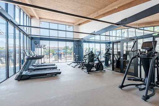 A gym with treadmills and exercise bikes.