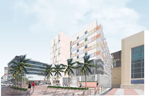 Apartments In Miami Beach, FL for Rent – The Anamar at Collins Park- a rendering of a building with palm trees