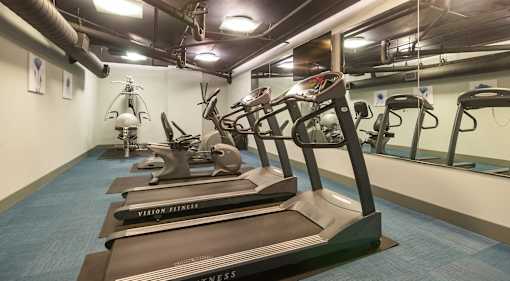 A gym with treadmills and elliptical machines.