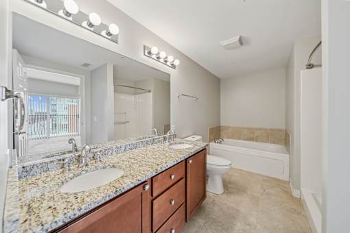 Apartment bathroom with dual-sink granite vanity, wood cabinetry and soaking tub