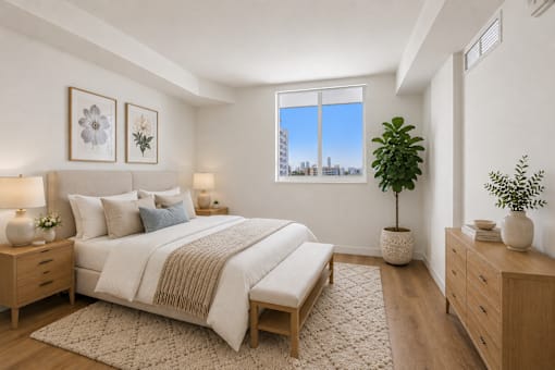A bedroom with a large bed, two nightstands, and a window overlooking a cityscape.