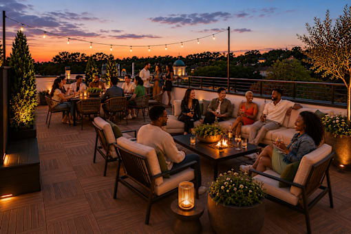 A group of people are sitting around a table on a deck with a beautiful sunset in the background.