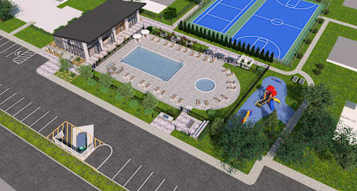 A rendering of a pool area with a basketball court and a tennis court.
