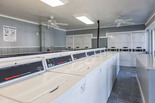 A row of washing machines in a laundromat.