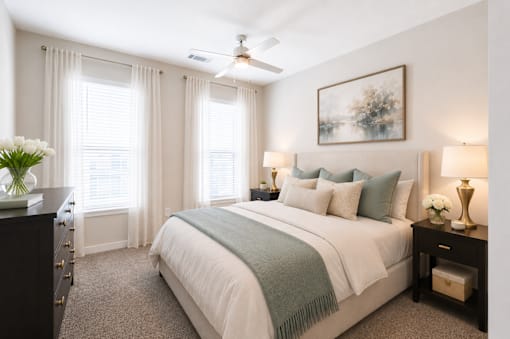 Spacious primary bedroom with natural light and modern finishes inside a Sage 5430 one bedroom apartment in Norcross, Georgia.