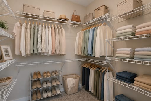 Spacious walk-in closet with built-in shelving and ample storage inside a Sage 5430 apartment home.