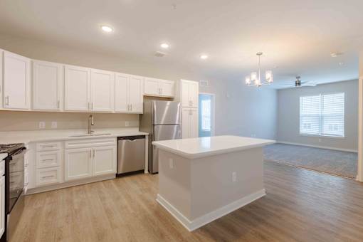 Modern kitchen in a senior living property in Norcross, featuring stainless steel appliances, light-colored cabinetry, and ample counter space.