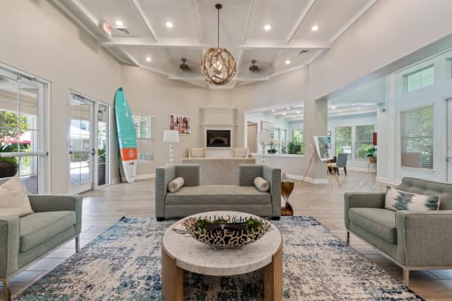 Stylish clubhouse interior with comfortable seating areas at The Sanctuary at 331 in Santa Rosa Beach