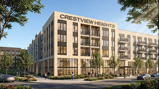 A rendering of a modern apartment complex named Crestview Heights.