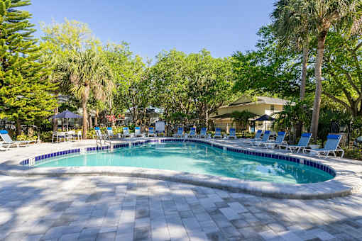 a swimming pool with chaise lounge chairs and trees in the background