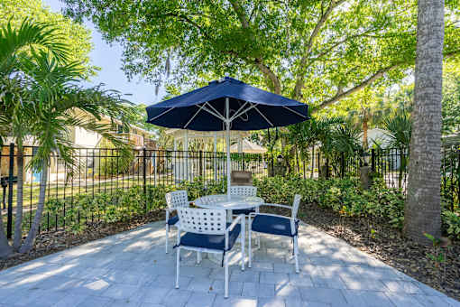 a patio with a table and chairs and an umbrella