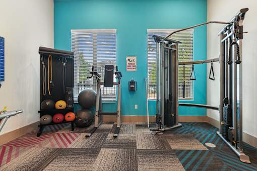 A gym with a blue wall and a variety of exercise equipment.