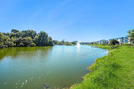 A serene lake surrounded by lush greenery and trees under a clear blue sky.