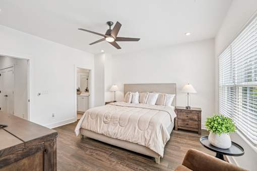 A bedroom with a large bed, a ceiling fan, and a small table with a plant on it.
