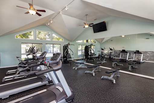 Apartment gym in Stockbridge GA with treadmills and strength equipment near South Atlanta