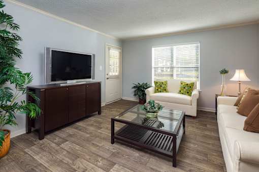 Spacious living room apartment in Stockbridge GA with large windows and comfortable layout at Southwinds Point