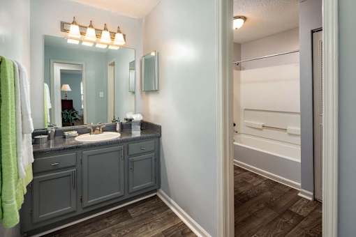 Bathroom with vanity and updated finishes in Stockbridge GA apartment at Southwinds Point