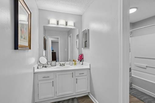 Updated apartment bathroom with modern vanity at Southwinds Point Apartments in Henry County.