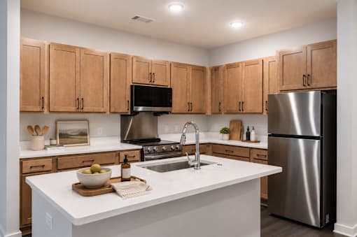 Gourmet apartment kitchen with stainless steel appliances, large island and modern cabinetry at Springview Apartments Decatur GA.