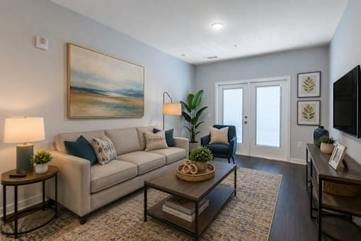 A living room with a beige couch, a coffee table, and a painting on the wall.
