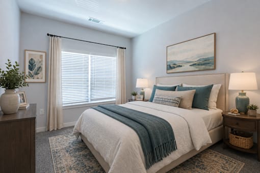 A bedroom with a large bed and a painting on the wall.