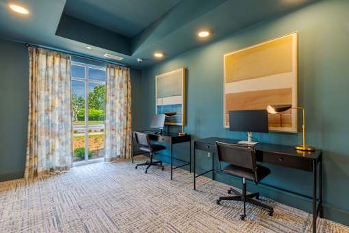 Resident coworking lounge with modern workstations inside Springview Apartments in Decatur, Georgia.