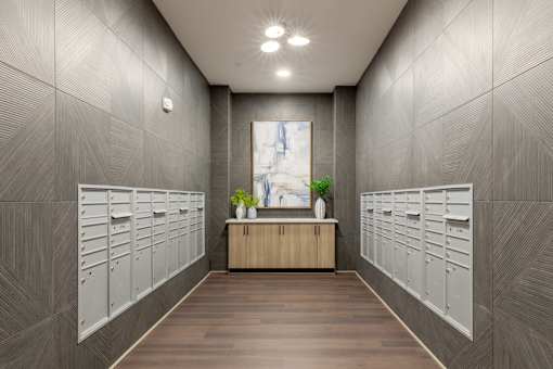 Secure package room with resident parcel lockers at Springview Apartments in Decatur, Georgia.