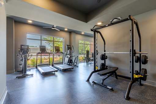 Fully equipped fitness center with strength training equipment at Springview Apartments in Decatur, GA.