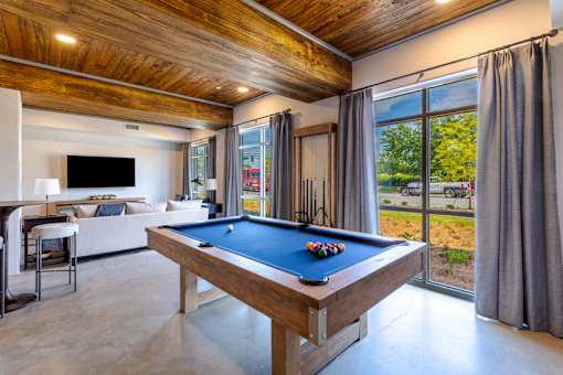 Clubhouse game room with billiards table and gathering space at Springview Apartments near Panthersville Road.