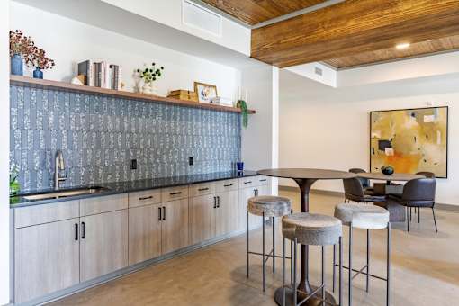 Resident coffee bar and community kitchen inside the clubhouse at Springview Apartments in Decatur, Georgia.
