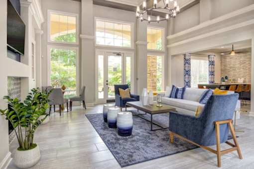 A living room with a blue couch and a grey rug.