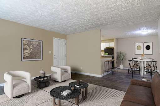 A living room with a brown couch, a coffee table, and a dining table with chairs.