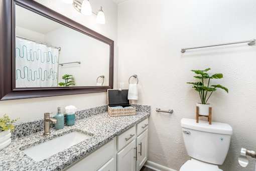 Winston-Salem apartment bathroom with granite vanity and updated fixtures at Sugar Creek Apartments