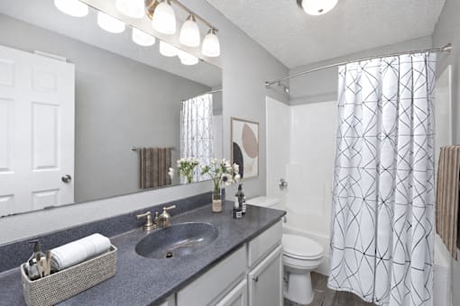 Bathroom at Summit Townhomes in Burnsville, MN, with a wide vanity, tub and shower, and virtually staged décor.