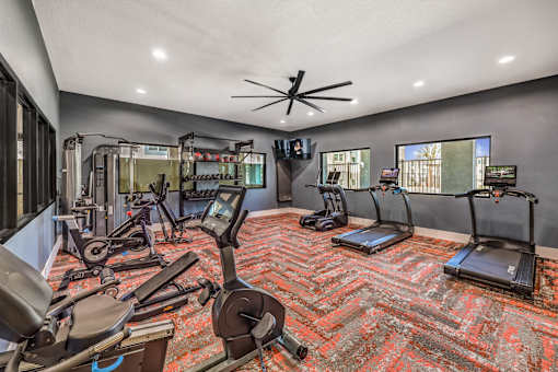 Modern fitness center at Summit on Boulder Apartments equipped with state-of-the-art cardio machines, a variety of free weights, and stylish decor.