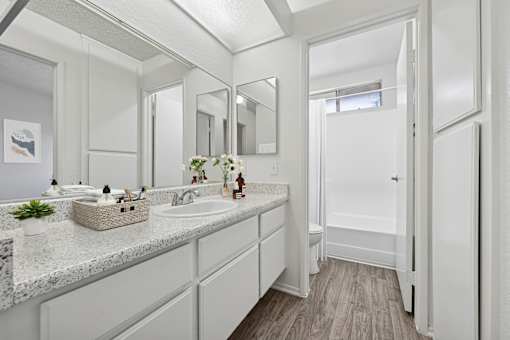 Bathroom with ink vanity at Sunnyside Senior Apartments San Dimas CA
