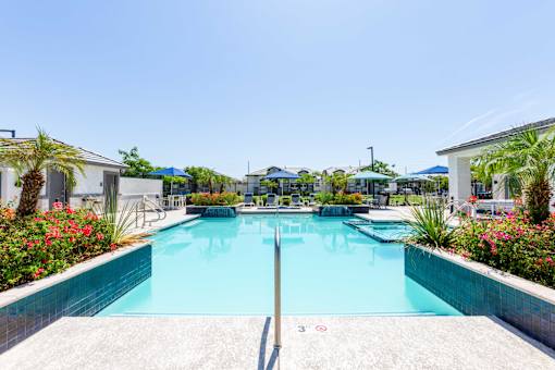 A large swimming pool surrounded by palm trees and flowers.