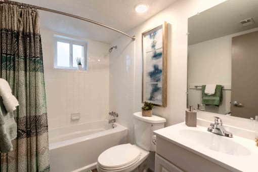 The Jaunt Apartments in Charleston South Carolina photo of bathroom with toilet, shower and vanity