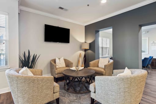 Sage at 1240 apartments in Mount Pleasant South Carolina photo of clubhouse seating area with tv