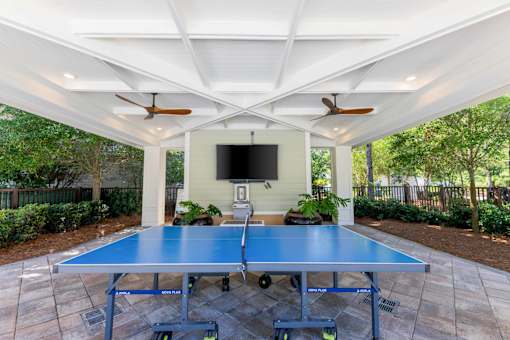 Outdoor ping pong table at The Sanctuary at 331 apartment complex in Santa Rosa Beach, Florida, with nearby seating and landscaped grounds