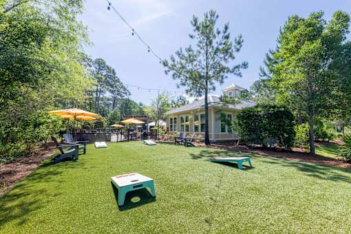 A backyard with a lawn, a picnic table, and a house in the background.