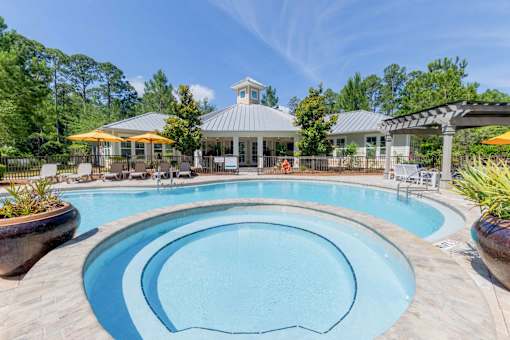 Resort-style swimming pool with lounge chairs and landscaped greenery at The Sanctuary at 331 in Santa Rosa Beach, FL