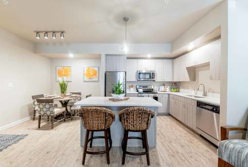 Modern apartment kitchen with stainless steel appliances, quartz countertops, and spacious island at The Sanctuary at 331 in Santa Rosa Beach, FL