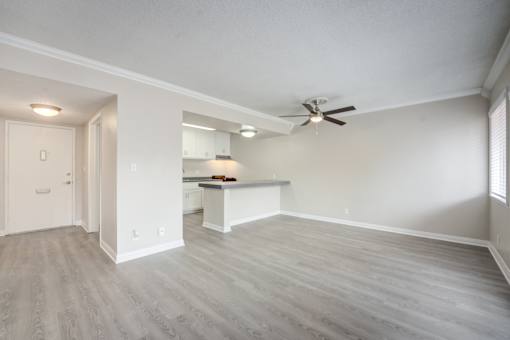 A spacious room with a ceiling fan and lighting fixtures.